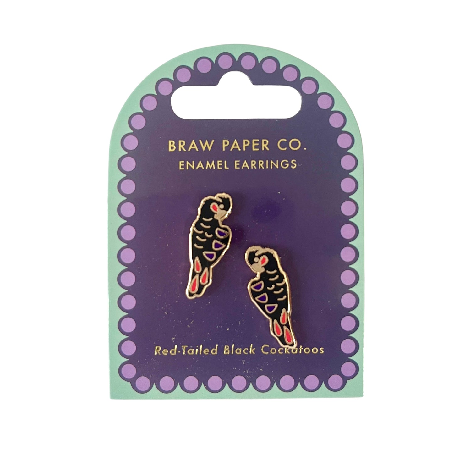 Red Tailed Black Cockatoo Enamel Earrings