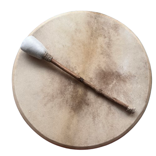 A traditional drum with a circular beige skin-covered head and a wooden mallet with a white wrapped handle, shown from a top-down view on a white background.