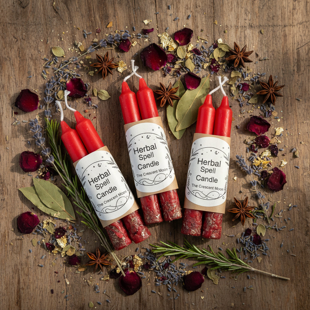 Red wax candles in a kraft paper sleeve with a white label reading 'Herbal Spell Candle The Crescent Moon',