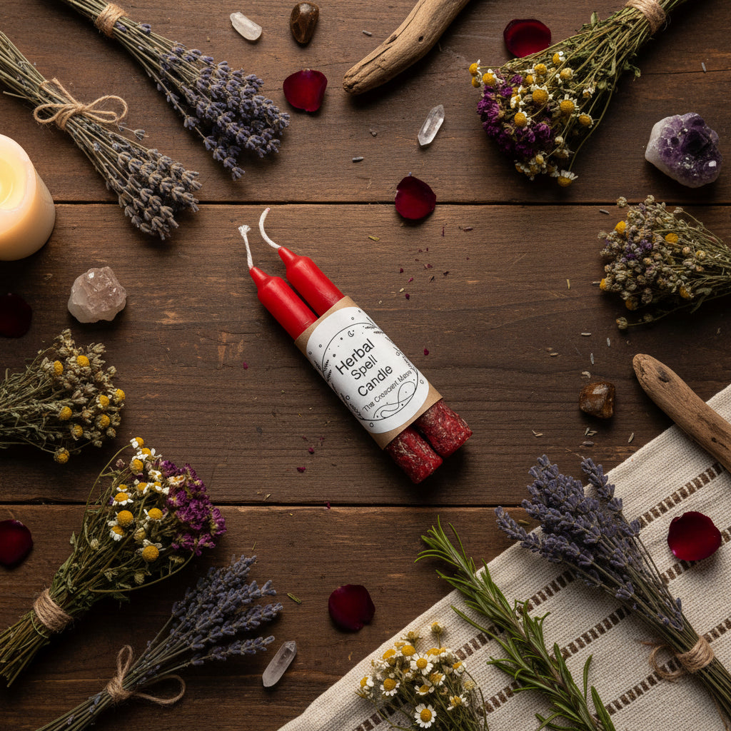 Red wax candles in a kraft paper sleeve with a white label reading 'Herbal Spell Candle The Crescent Moon', with additional flowers and herbs in the background.