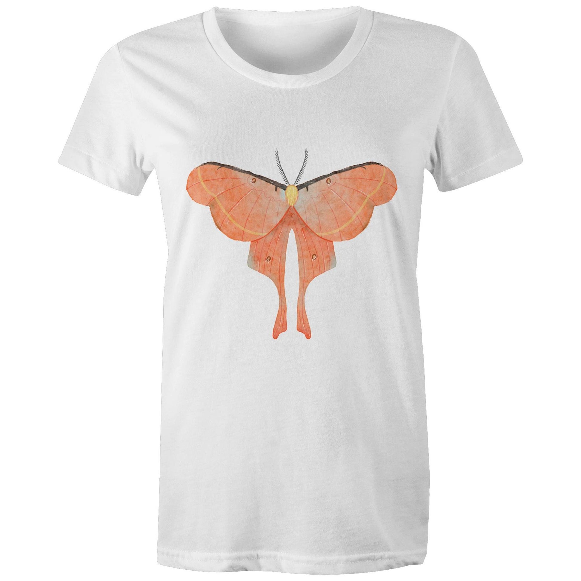 Earthfolk Printed T shirt - Women's Relaxed Fit - Orange Moth - The Crescent Moon