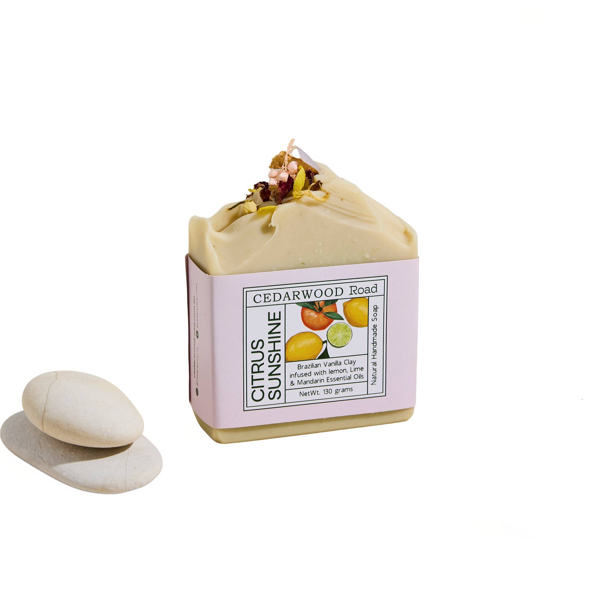 Bar of soap with 'Cedarwood Road' packaging on a white background