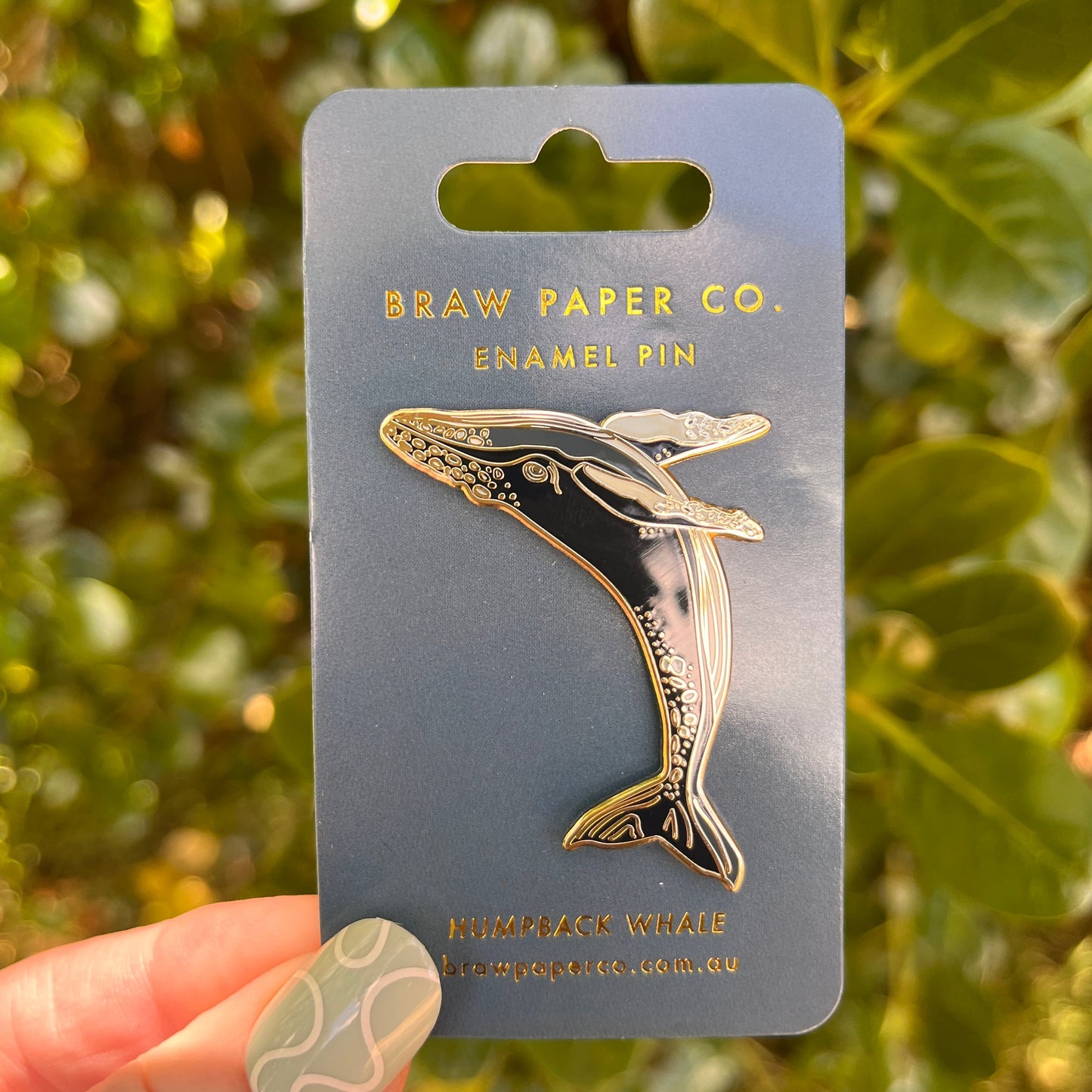 Enamel pin of a whale on a Braw Paper Co. card held against a green leafy background