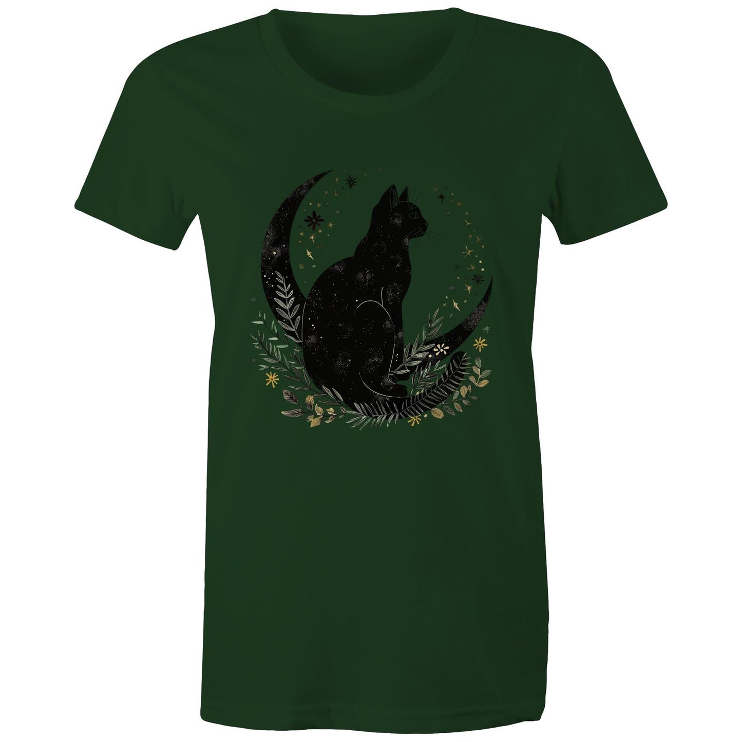 Earthfolk Printed T Shirt - Women's Relaxed Fit - Moon Cat - The Crescent Moon