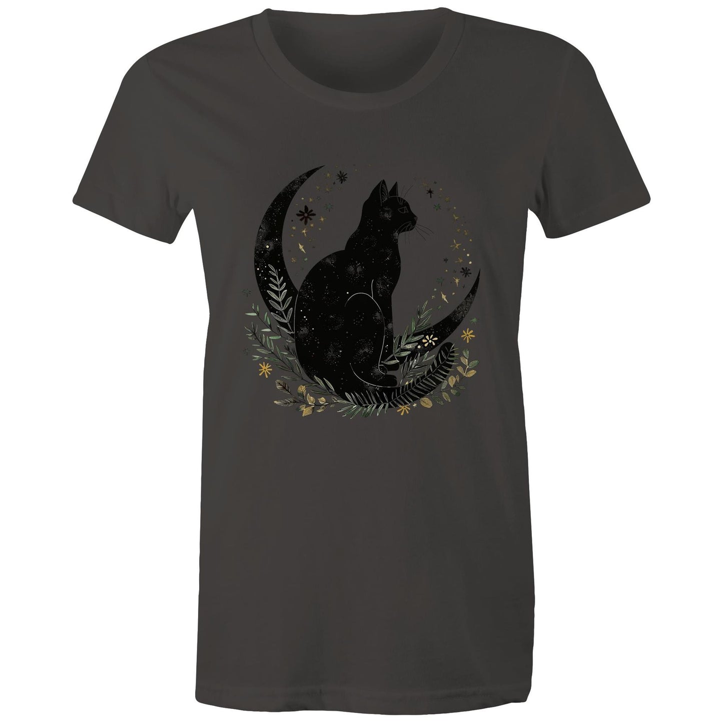 Earthfolk Printed T Shirt - Women's Relaxed Fit - Moon Cat - The Crescent Moon