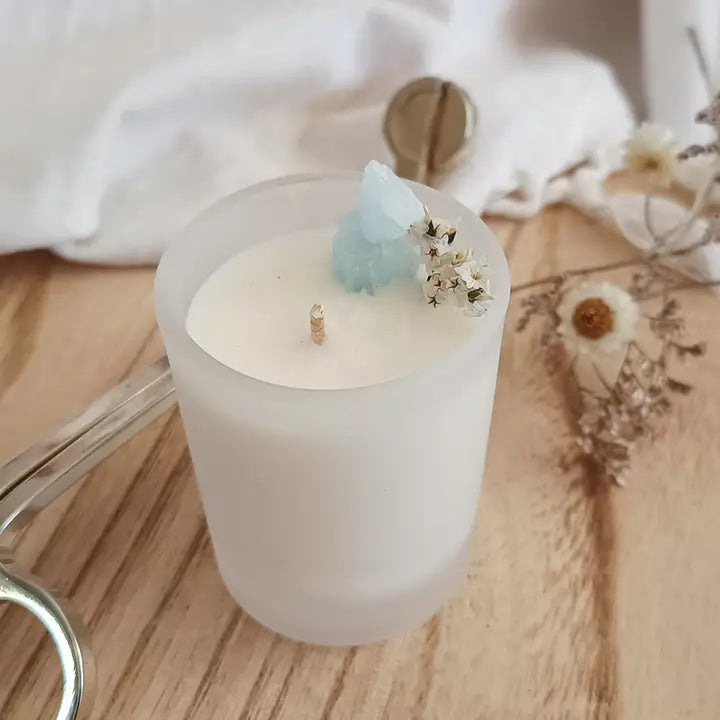 Blue Aragonite Crystal Candle - Communication and Compassion - The Crescent Moon