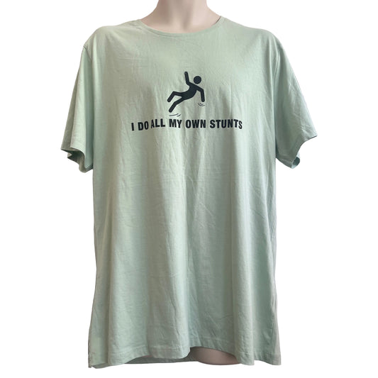 Light green t-shirt with black graphic and text on a mannequin 