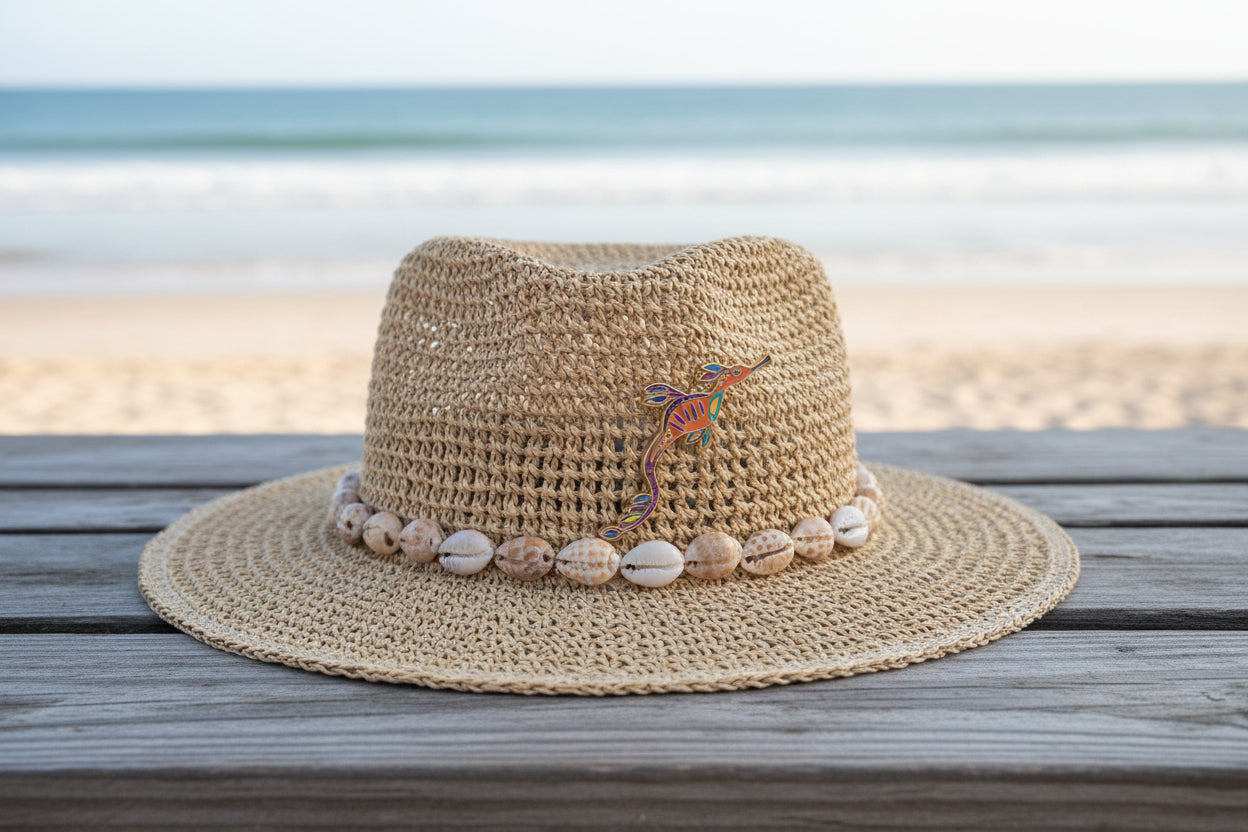Enamel pin of a weedy sea dragon on a straw hat at the beach