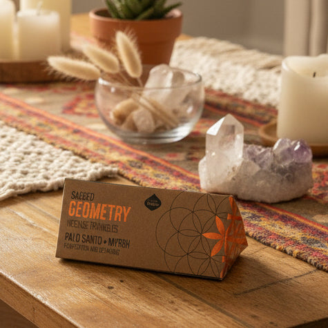 Box of 'Sacred Geometry' incense triangles on a wooden surface