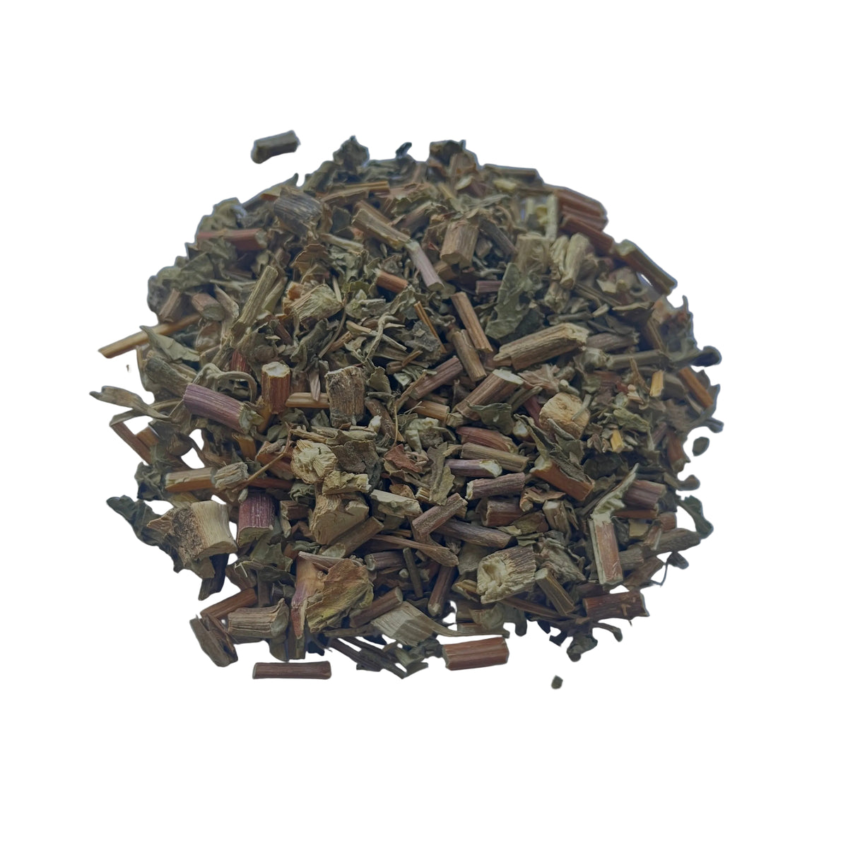 A pile of dried chopped herbal roots and stems in earthy brown, tan, and green tones, photographed on a smooth blue background.