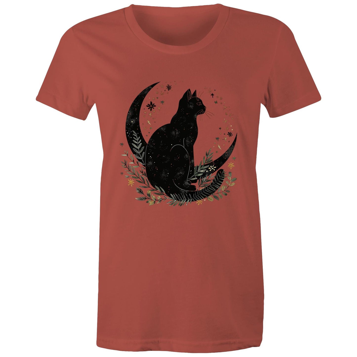 Earthfolk Printed T Shirt - Women's Relaxed Fit - Moon Cat - The Crescent Moon