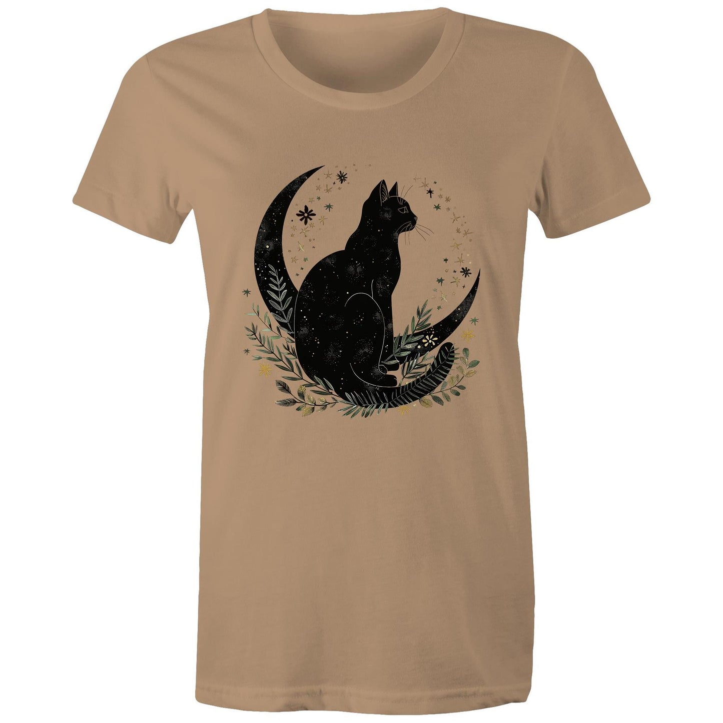 Earthfolk Printed T Shirt - Women's Relaxed Fit - Moon Cat - The Crescent Moon