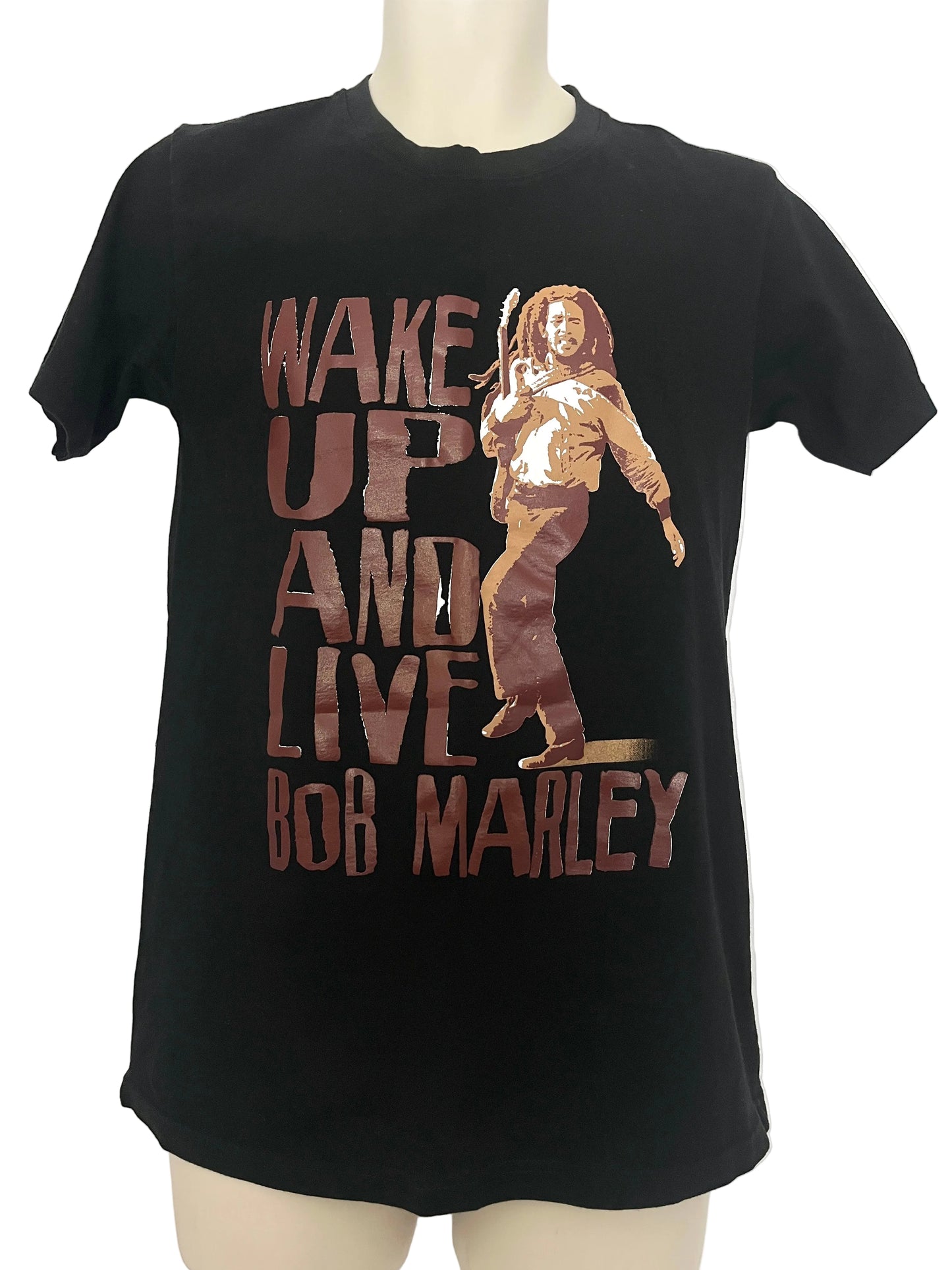 Black t-shirt with Bob Marley graphic and text on a mannequin against a white background