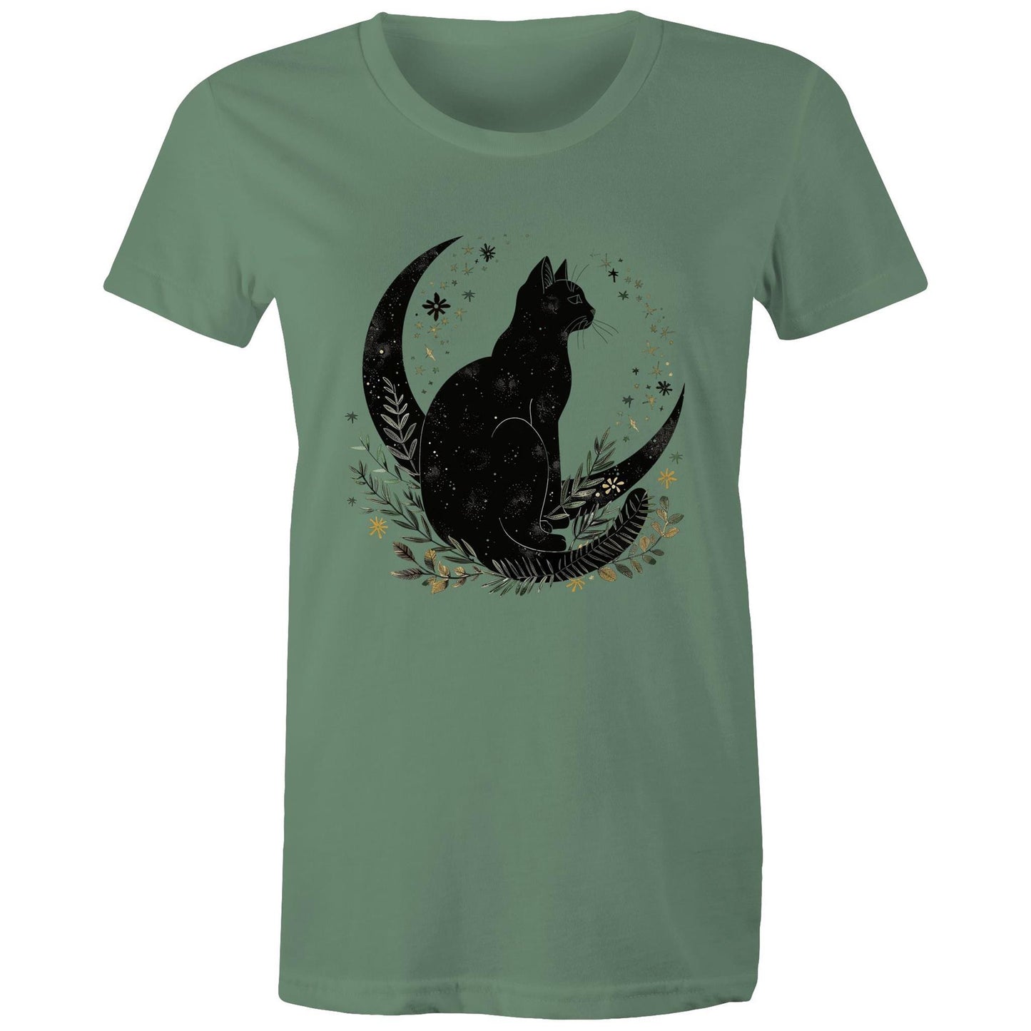 Earthfolk Printed T Shirt - Women's Relaxed Fit - Moon Cat - The Crescent Moon