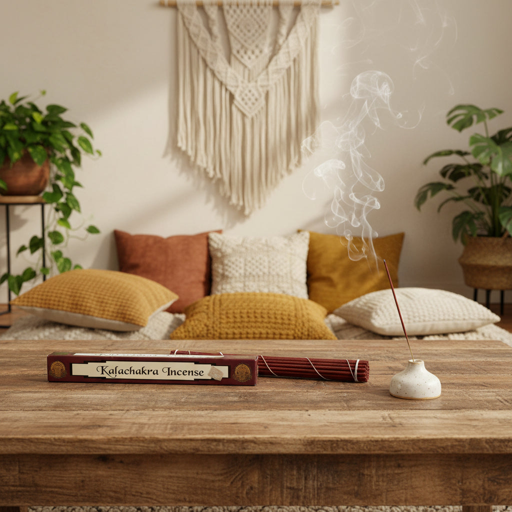Kalachakra incense stick bundle with packaging on a white background