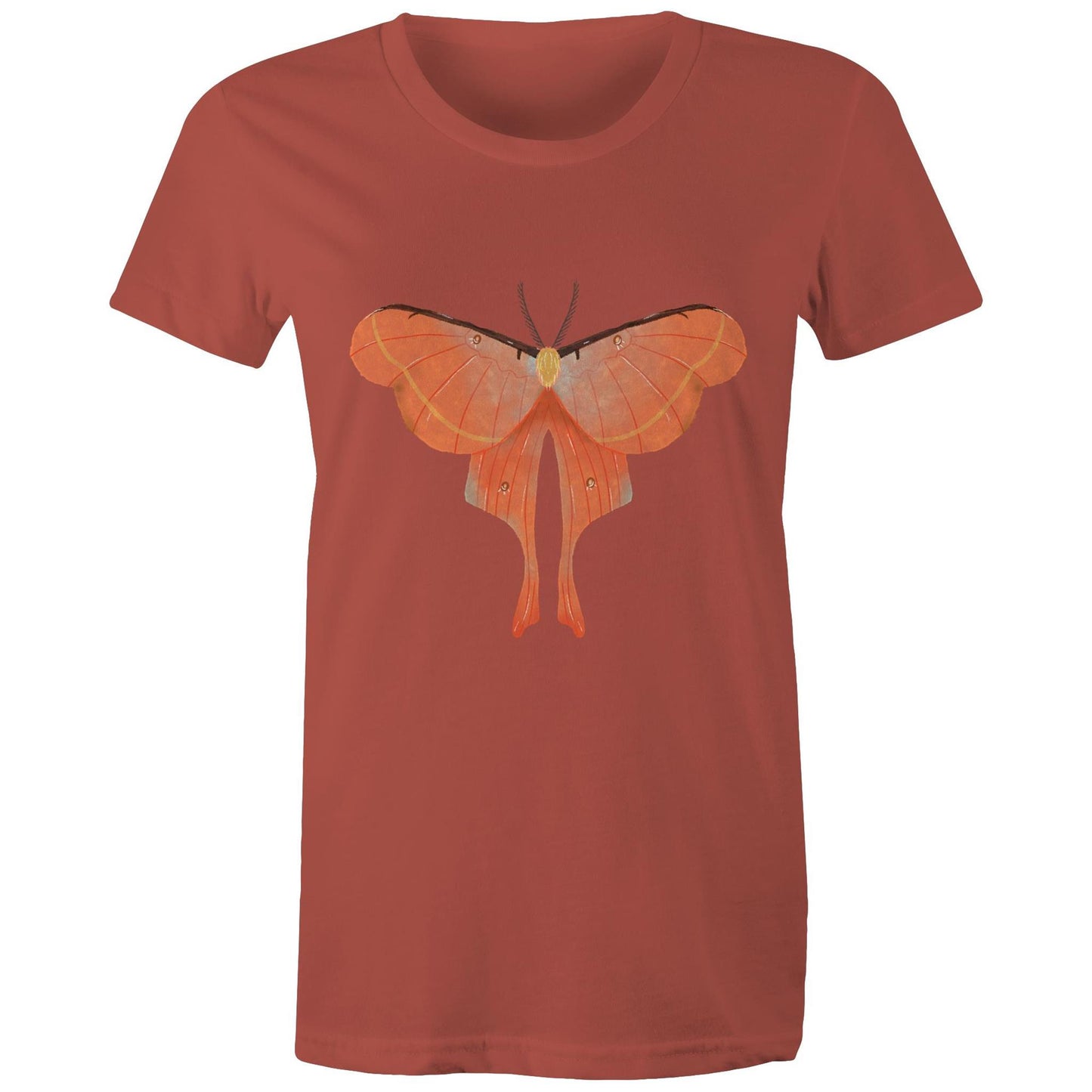 Earthfolk Printed T shirt - Women's Relaxed Fit - Orange Moth - The Crescent Moon