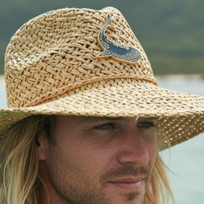 Man with whale shark enamel pin on a straw hat