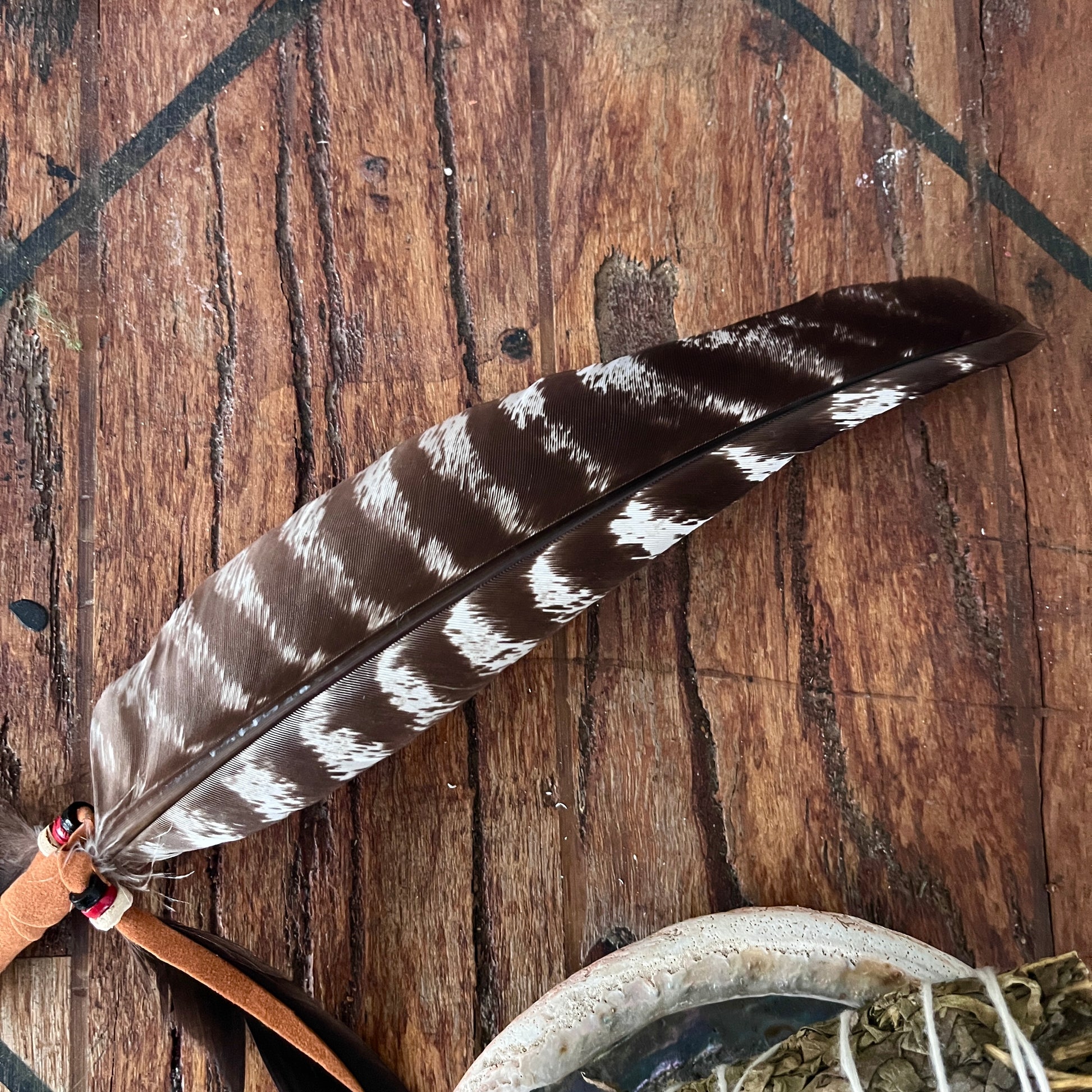 A single brown and white patterned feather laid diagonally on a rustic wooden surface, with a small leather loop and red-and-white bead detail visible at one end.