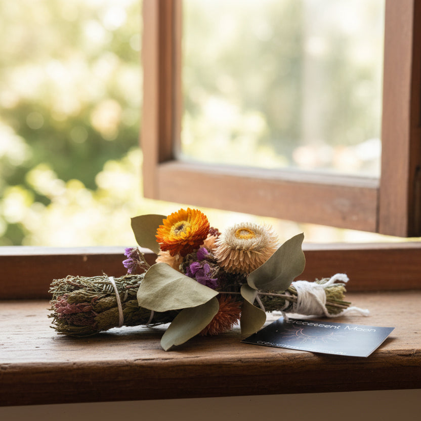 A dried flower and herb bundle tied with white string, featuring sage green leaves, an orange daisy, purple dried flowers, and a black brand tag reading 'The Cresent Moon' and 'thecrescentmoon.com.au
