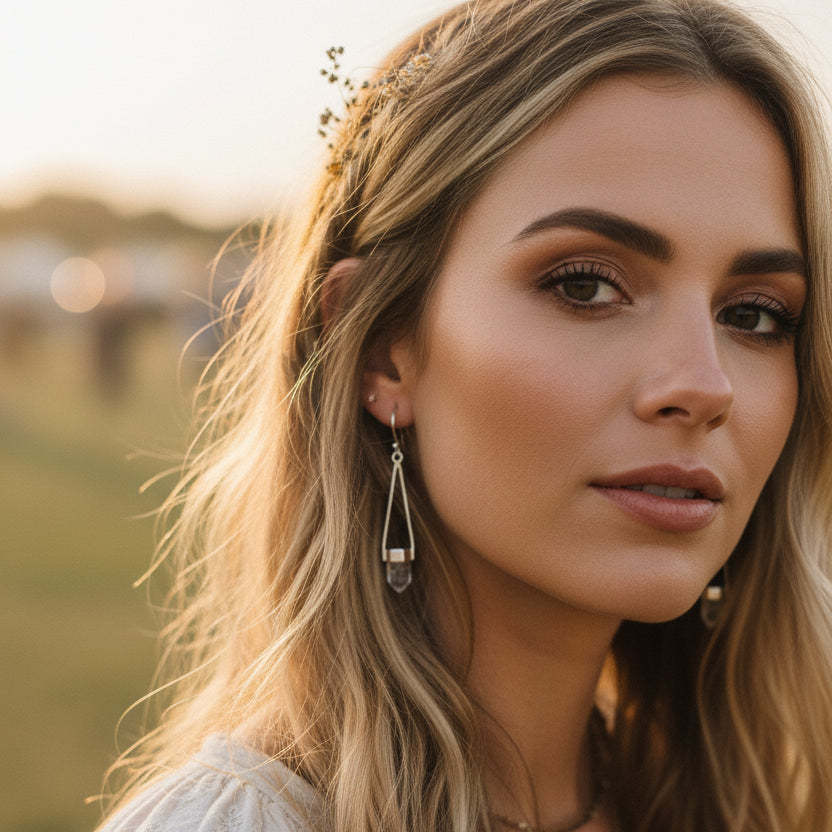 Pair of silver earrings with clear crystal-like ends 