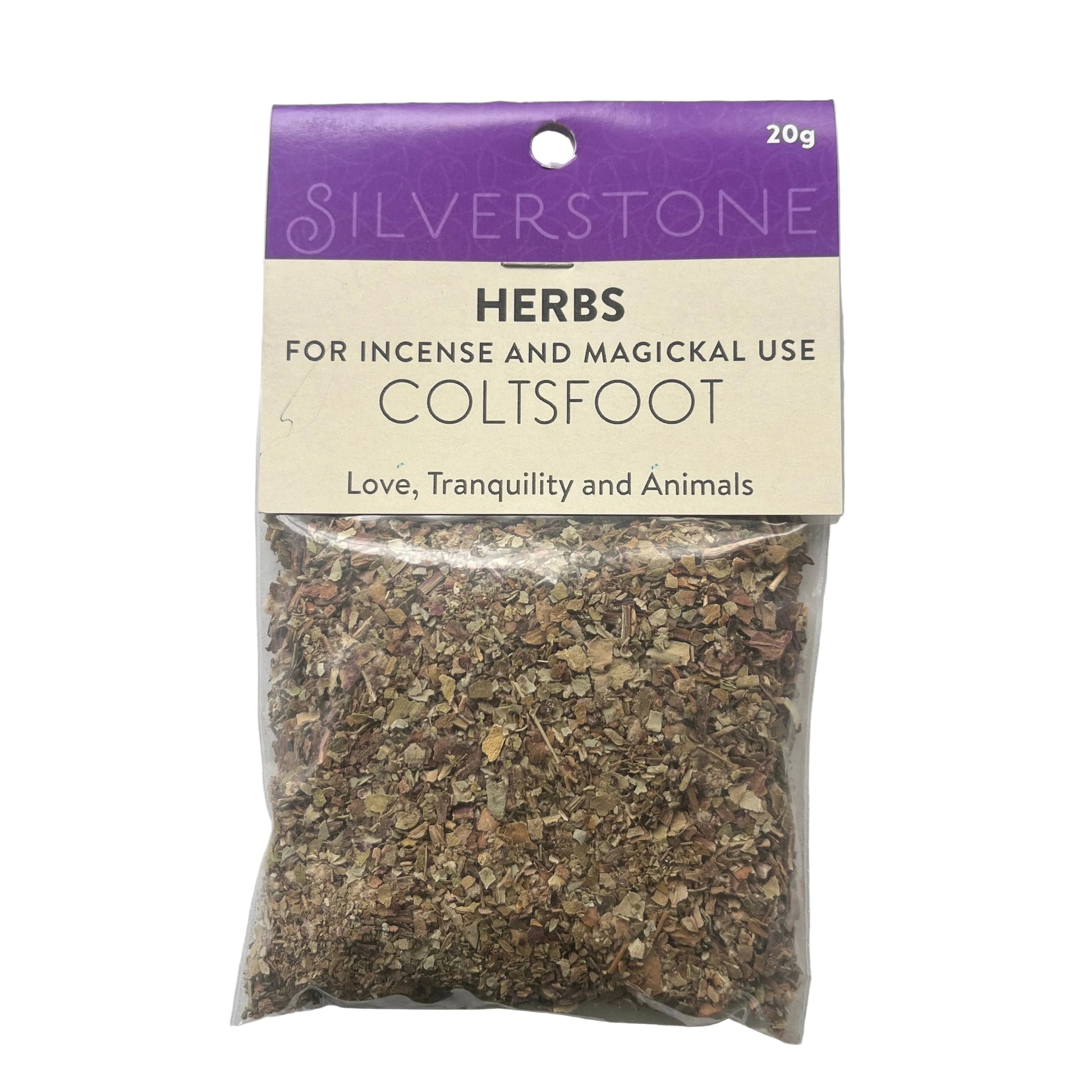 Package of Silverstone Herbs for incense and magical use, featuring coltsfoot on a white background.