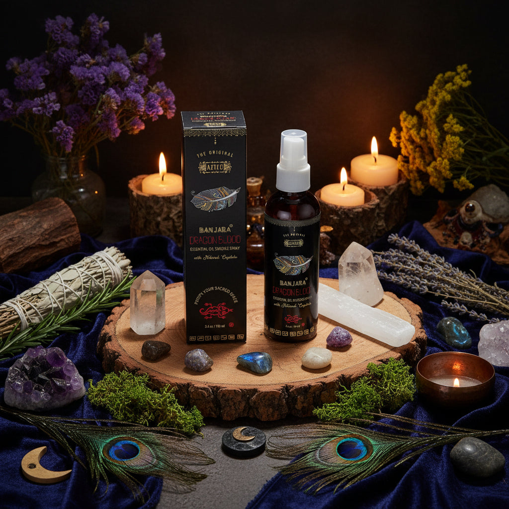 A bottle of Aztec Banjara Dracoon Blood Essential Oil Smudge Spray next to its black packaging box, featuring a white spray cap and a feather graphic.
