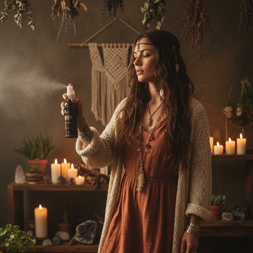 A bottle of Aztec Banjara Dracoon Blood Essential Oil Smudge Spray being sprayed by a boho lady