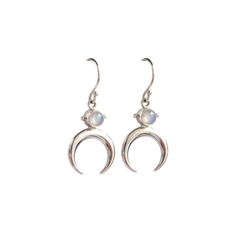 Sterling Silver Rainbow Moonstone Earrings - Crescent Moon