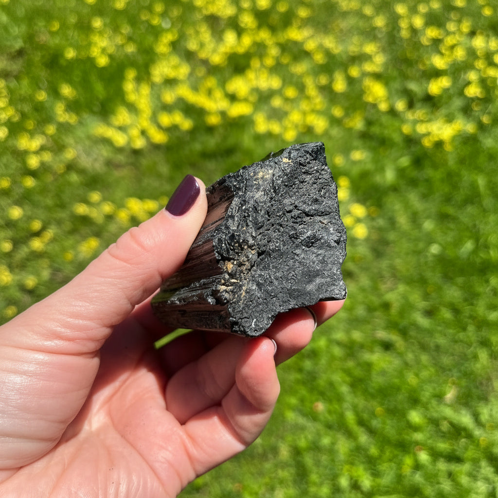 Hand holding black touramline against a blurred green and yellow background