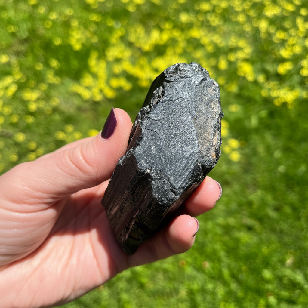 Hand holding a piece of rough black tourmaline against a blurred green grass background
