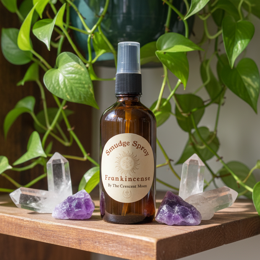 Brown glass bottle with a spray top labeled 'Smudge Spray Frankincense' by The Crescent Moon on a shelf with plants and crystals