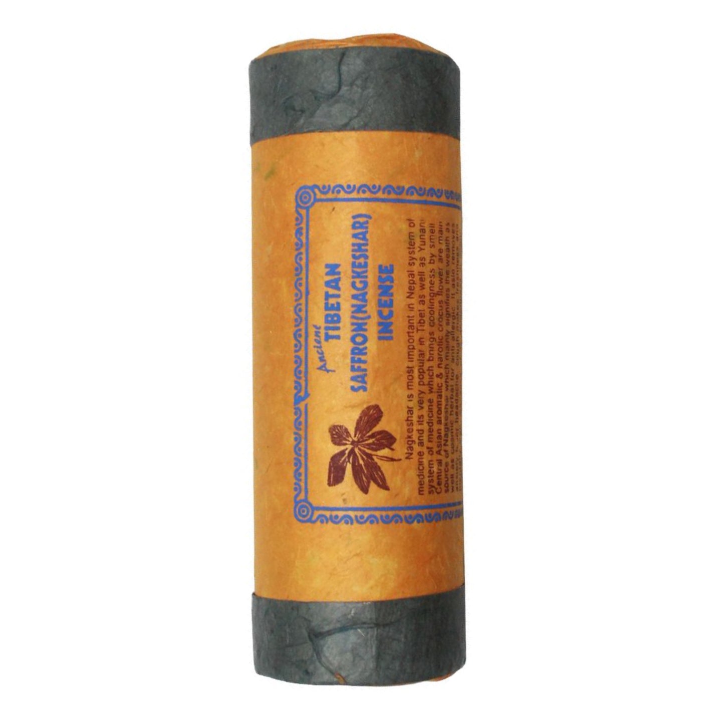 Tibetan incense stick with a black and orange wrapper on a white background