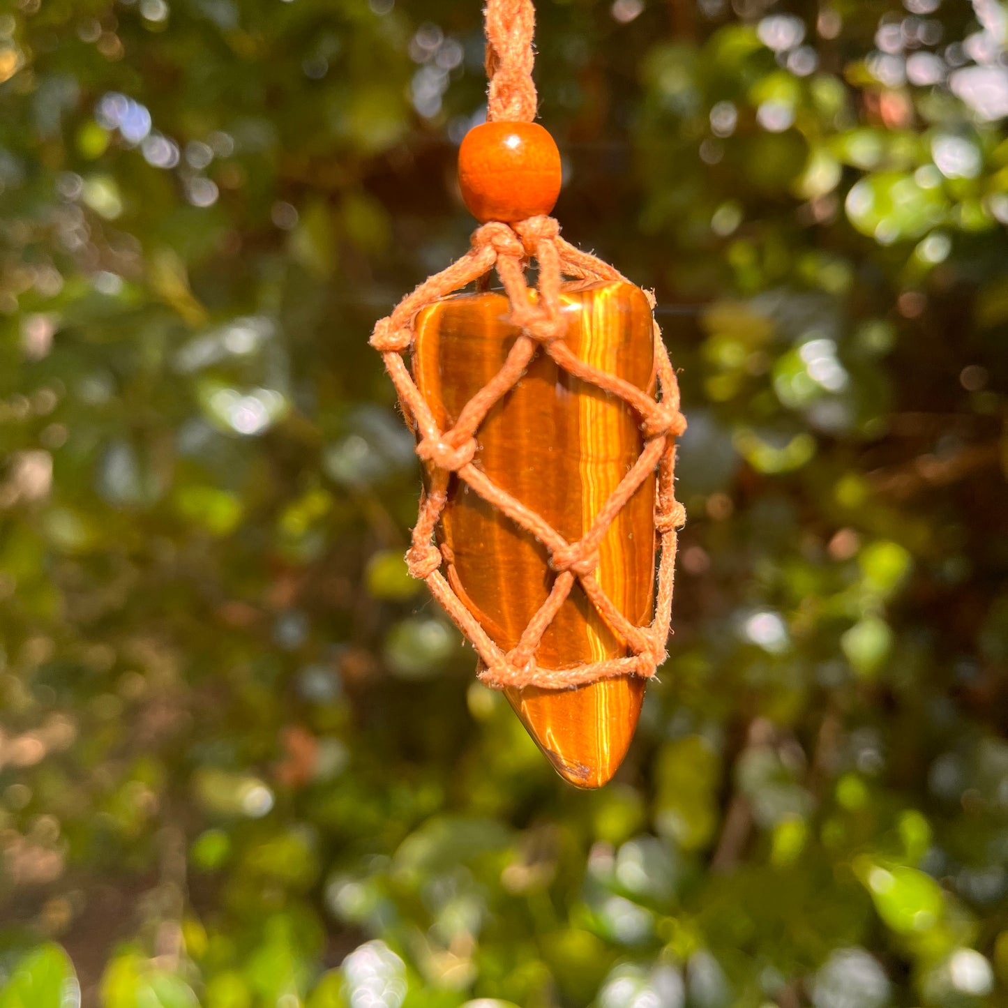 Tigers Eye Crystal necklace against a blurred green foliage background