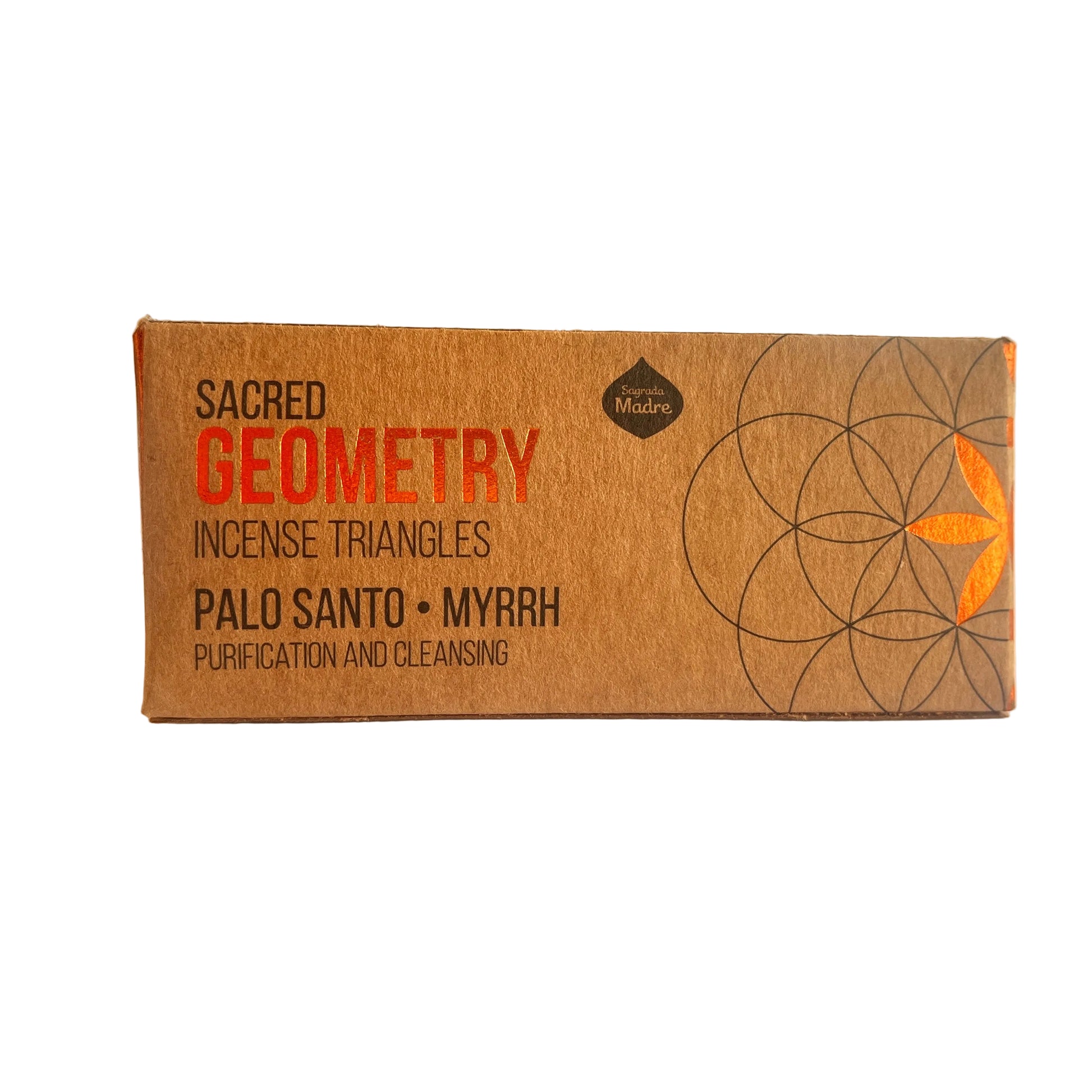 Box of Sacred Geometry Incense Triangles with branding on a neutral background