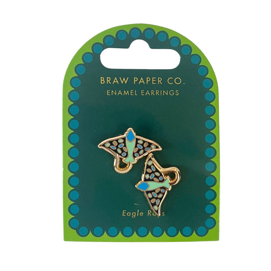 Eagle Ray enamel earrings on a Braw Paper Co. card with green and blue design.