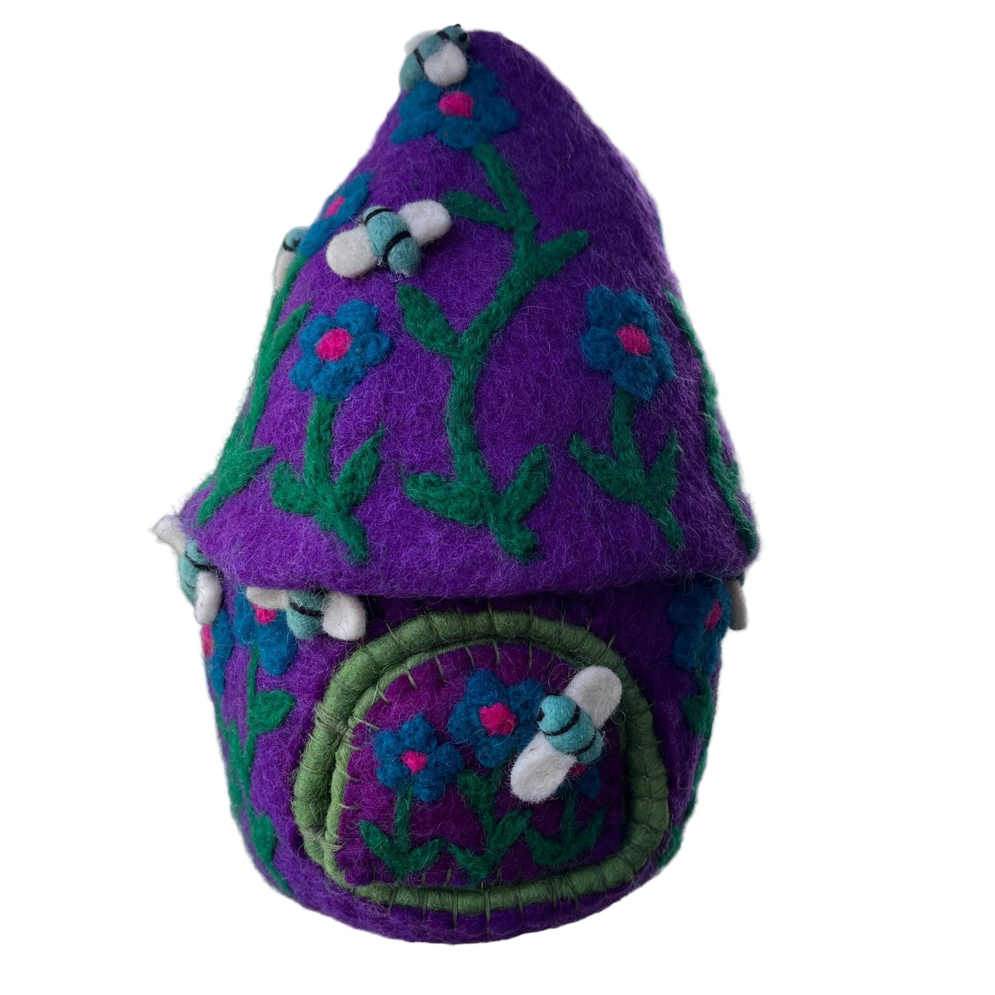 Felted fairy house with floral patterns and blue bumble bees