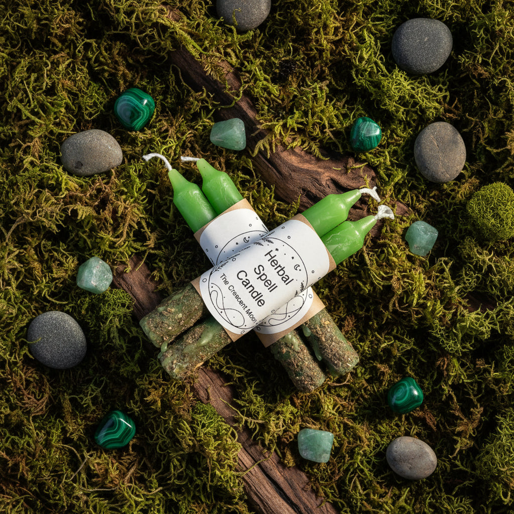 Three green herbal spell candles with textured brown wax bases, wrapped in a brown paper sleeve with a white label reading 'Herbal Spell Candle' and 'The Crescent Moon'.