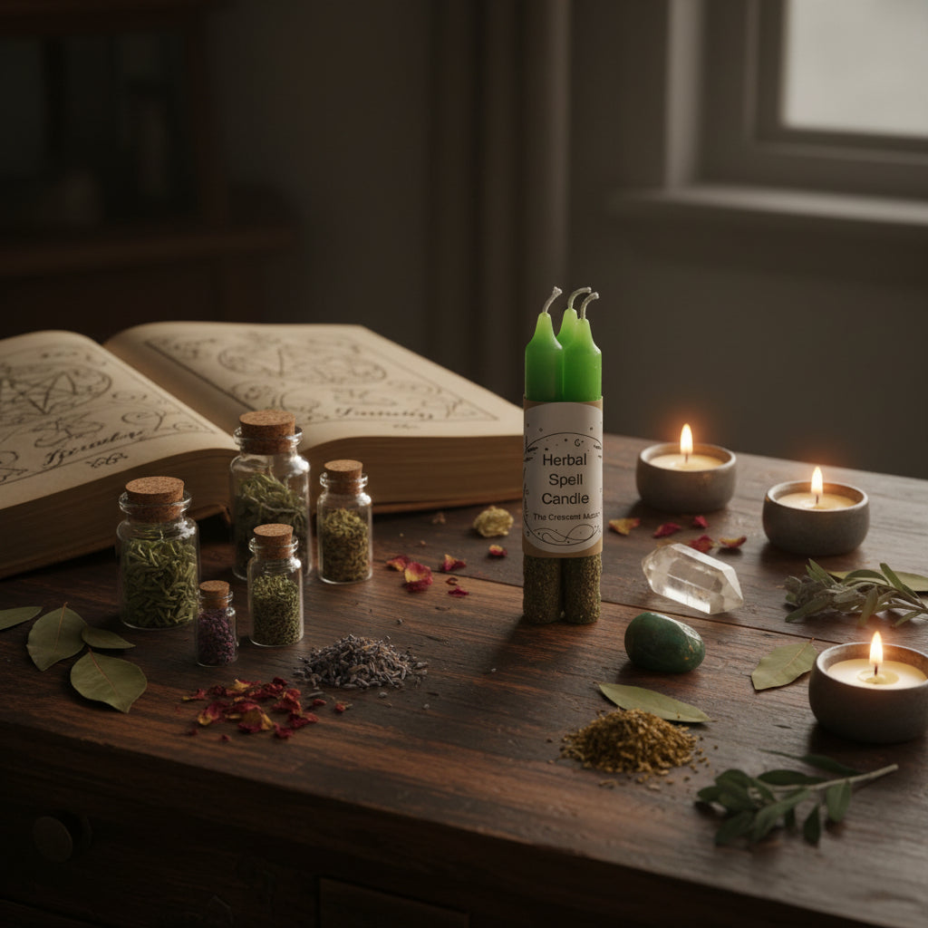 Three green herbal spell candles with textured brown wax bases, wrapped in a brown paper sleeve with a white label reading 'Herbal Spell Candle' and 'The Crescent Moon'.