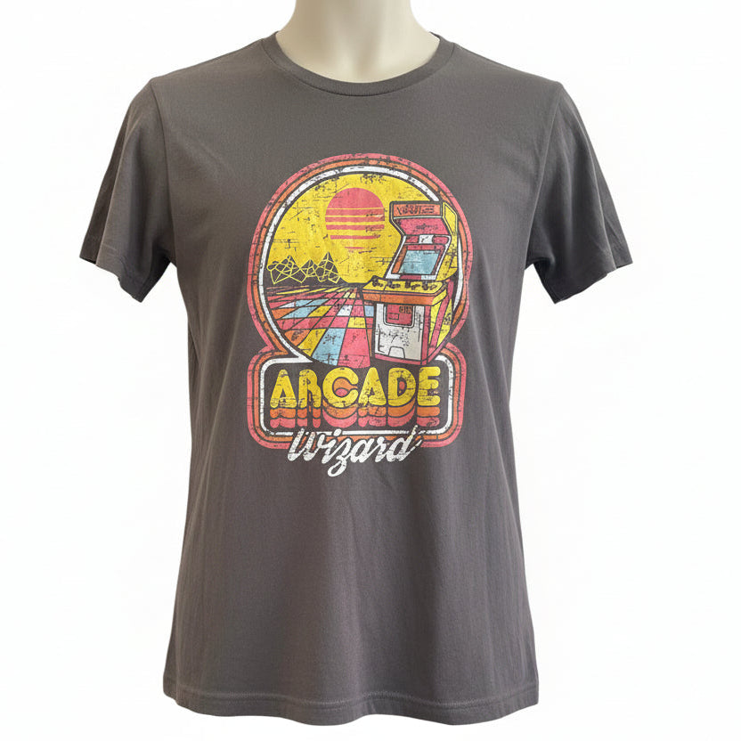 Gray t-shirt with 'Arcade Wizard' graphic on a mannequin