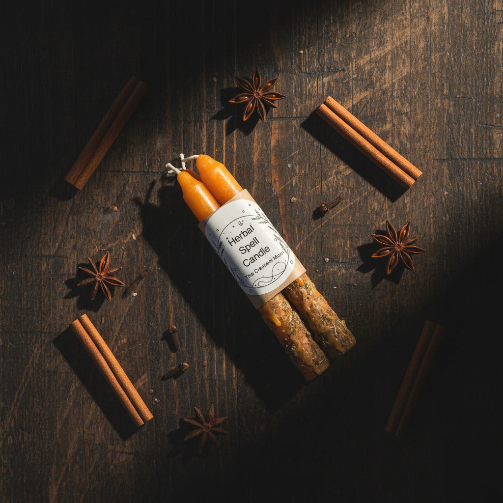 Three herbal wax candles wrapped in brown kraft paper with a white label reading 'Herbal Spell Candle' and 'The Crescent Moon,' arranged against a moody warm background