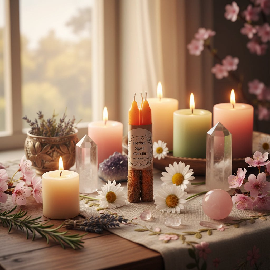 Three herbal wax candles wrapped in brown kraft paper with a white label reading 'Herbal Spell Candle' and 'The Crescent Moon,' arranged against a plain white background.