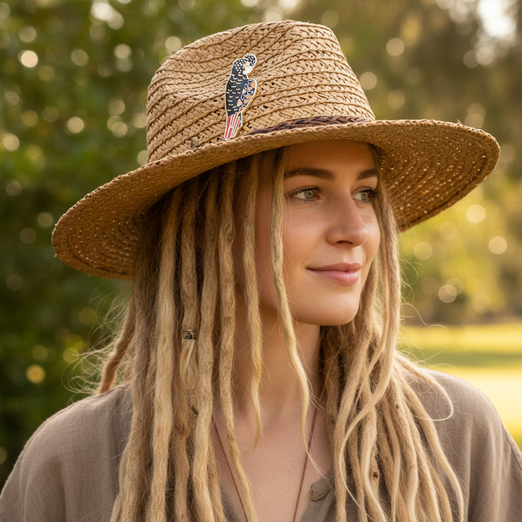 Enamel pin of a red tailed black cockatoo on a hat