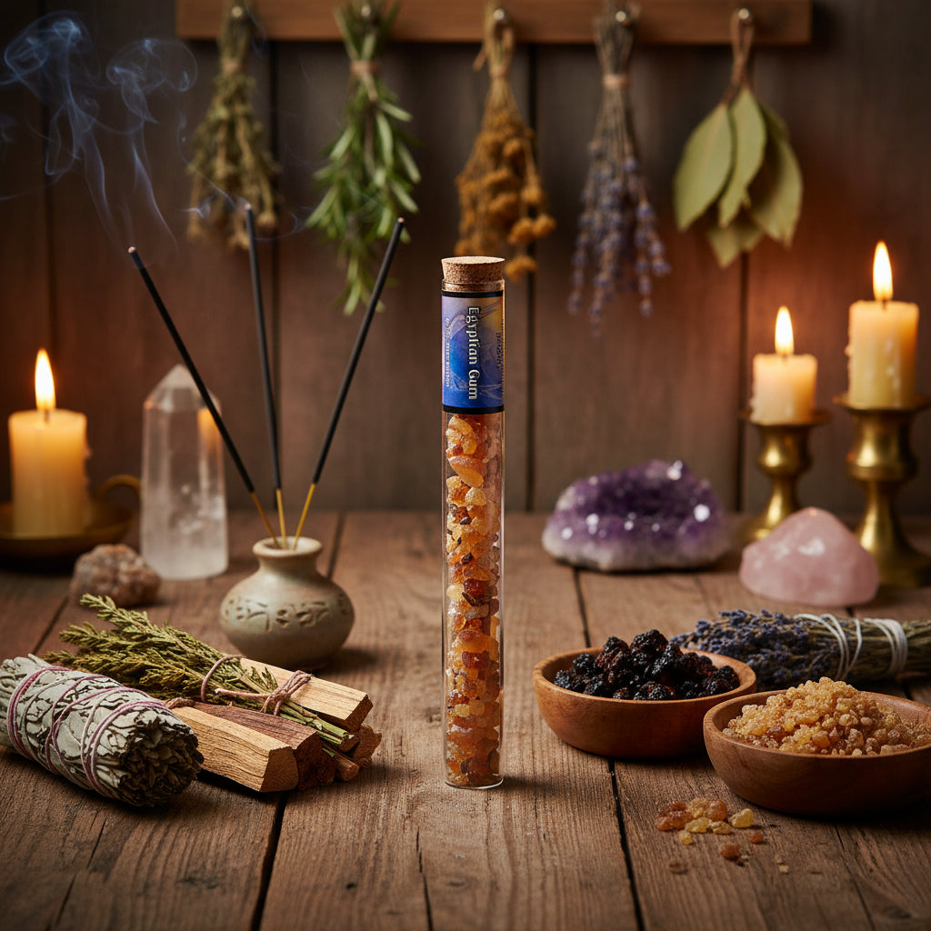 A clear glass tube containing Egyptian gum pieces, sealed with a cork stopper and a blue label,