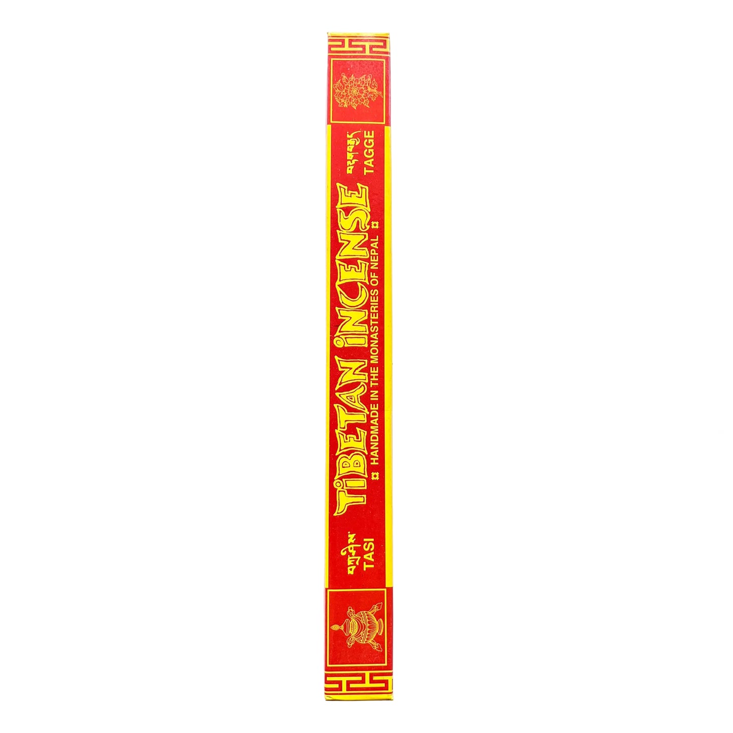 Tibetan incense stick with decorative packaging on a white background