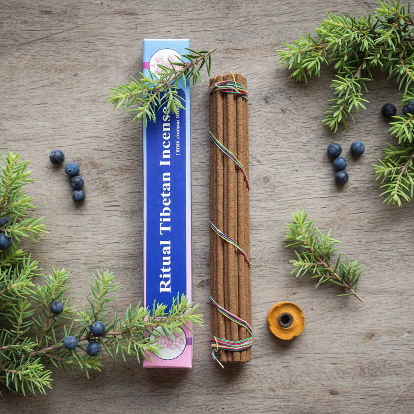 Ritual Tibetan Incense packaging with incense sticks on a wooden surface with juniper branches and berries.