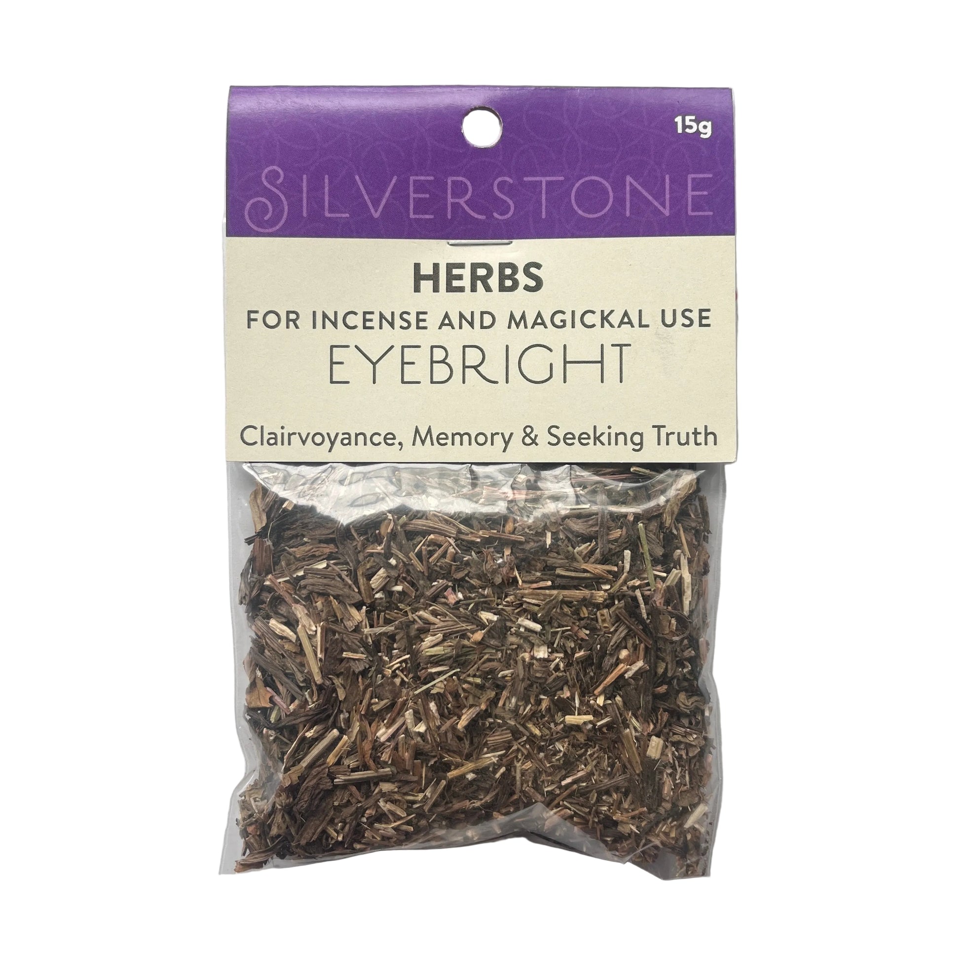 Packaged eyebright herbs with Silverstone branding on a light gray background