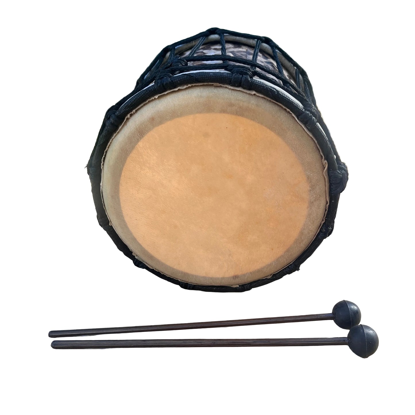 A hand drum with a natural tan drumhead, black wrapped body, and black hanging rope, shown with two mallets in front.