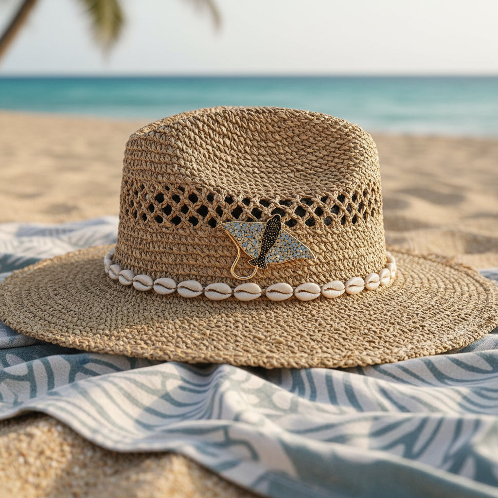 Enamel pin of an eagle ray on a straw hat at the beach