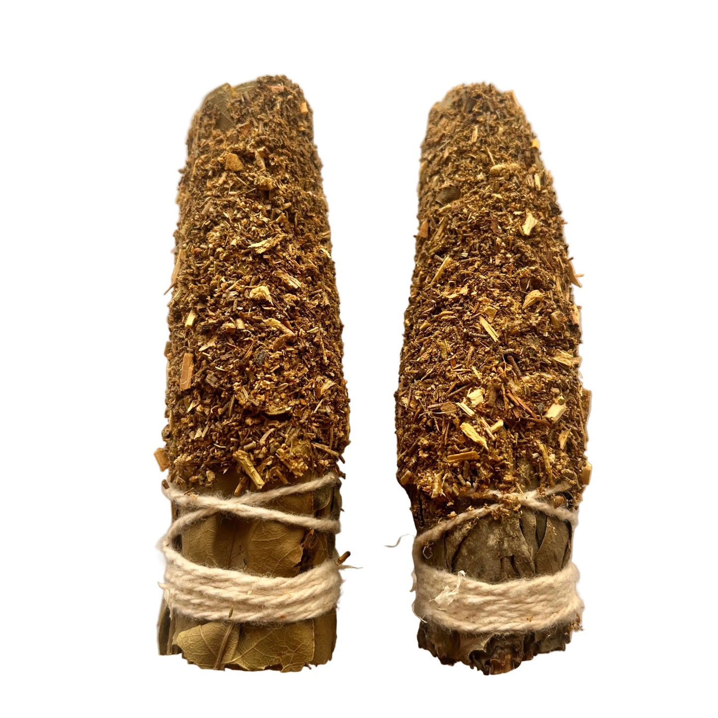 Two bundles of incense sticks tied with twine on a white background