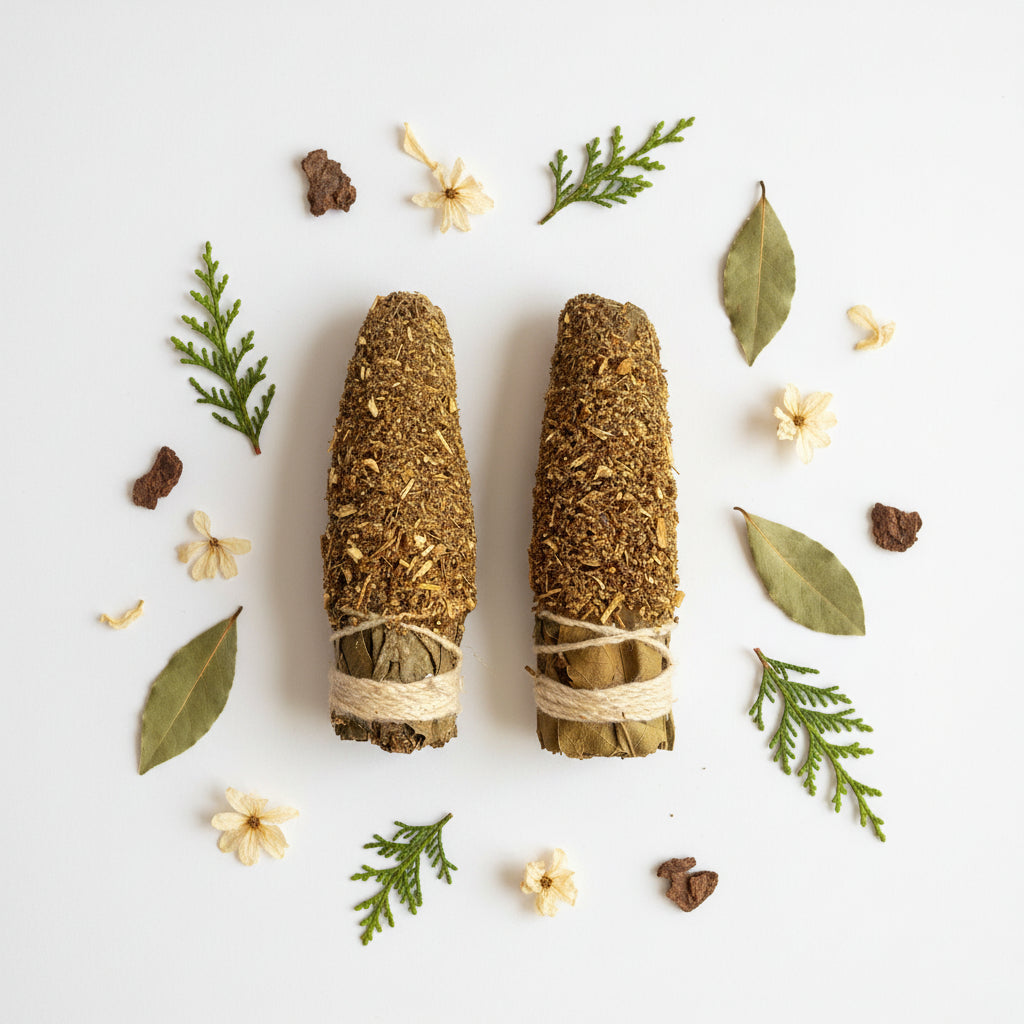 Two bundles of dried herbs tied with twine on a white background